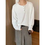 Spring Long Sleeved T-shirt Men Fashion Button White Casual T Shirt Men Streetwear Korean Loose Pleated T Shirt Mens Top M-2XL