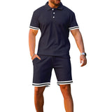 Summer Men's Sports Suit Lapel Button Striped Patchwork Short Sleeve Polo Shirt And Shorts Suit Casual Plus Size Men's Clothing