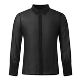 Men's Clothing Mesh See Through Mesh Sexy Long Sleeve Shirt Solid Color Button-down Vintage Streetwear Retro Party Tops S-XL