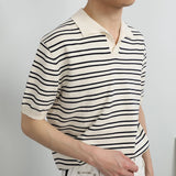 Summer Men's Clothing Light Luxury Knitted Polo Shirt Leisure Striped V-Neck Solid Color Short Sleeve Fashion Retro Knitwear