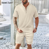 Casual Waffle Texture Two Piece Suits Mens Summer Leisure Short Sleeve Zipper Stand Collar Polo Shirt And Shorts Set Men Outfits