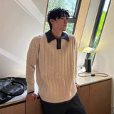 Winter Men's Trending Knitted Lapel Sweater Light Luxury Leisure Patchwork Long Sleeve Pullover Japanese Retro Loose Knitwear