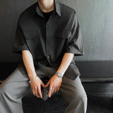 High Quality Solid Pockets Shirts Black Blouses Summer Korean Smooth Short Sleeve Shirt Streetwear Oversize Cargo Shirts