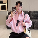 Korean Style Men's Shirts Casual Solid Color Long Sleeve Turn-down Collar Male Loose Tops Drawstring New Trend Spring