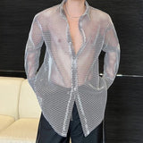 Transparent Mesh Shirt Hollow Out Jacket Personality Breathable Youth Fashion Long Sleeve Tops Men Lapel Party Clubwear