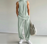 Men Sets Solid Color Streetwear Turtleneck Sleeveless Tank Tops & Drawstring Pants 2PCS Fashion Men's Casual Suits
