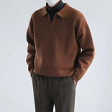 New American Chic Men Polo Sweater Luxury Trendy Business V Neck Knit Solid Color Pullover Leisure Slim-fit Long Sleeve Knitwear