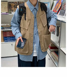 Men Vests Japanese Safari Style Stylish Chic Baggy Outer Techwear Retro Multi Pockets Daily Simple All-match Cozy Sleeveless