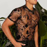 Summer Men's Clothing Mesh Lace Knit T-shirt Streetwear Hollow-Out O Neck Sweater Short Sleeve Tees Rose Printed Luxury Knitwear