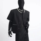 Spring Summer Jacket Handsome Casual Short-sleeved Jacket Men's Beaded Border Design Fashion Button Up O-neck Top Aesthetic Coat