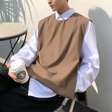Vest for Men Loose Casual All-match Spring Autumn Advanced Side-slit Solid Color Korean Style Simple O-neck Button Designer Soft