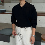 Korean Luxury Business Men Polo Sweater Loose V Neck Knit Solid Color Pullover Casual Premium Quality Long Sleeve Knitwear M-3XL