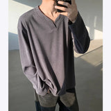 Autumn Long Sleeved T-shirt Men Fashion V-neck Pullover T Shirt Men Streetwear Korean Loose Pullover T Shirt Mens Top M-3XL