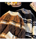 American autumn and winter street fashion personalized jacquard round neck pullover for couples loose retro color blocked knit