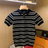 Summer Men's Clothing Leisure Light Luxury Knitted Polo Shirt Korean Striped Short Sleeve Retro Breathable Fashion Knitwear