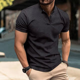 Men's Henry Collar Cotton Short Sleeve T-shirt Casual Solid PoIo Shirt Male Cozy Tees Slim Fit Dailywear Button Up Basic Tops