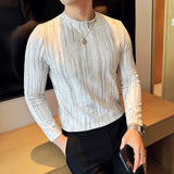 Cotton Striped T Shirt Gradient Mock Neck Men Slim Fit Tshirt Male Office Business T shirts Man Casual Long Sleeve Top Tees