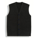 New Luxury Casual Men Sweater Vest Leisure Trendy Knit V Neck Button-down Solid Color Sleeveless Cardigan Retro Basic Waistcoats