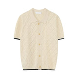 Niche Design Men's T-shirt Turn-down Collar Contrast Color Knitting Hollow Out Short Sleeve Single Breasted Male Tee