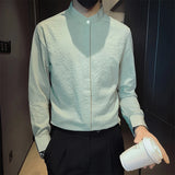 New Men Fashion Seersucker Shirts Long Sleeve Stand Collar Casual Drapped Solid Color Button-down Cardigan Japanese Style Tops
