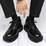 Men Korea Leather Platform Oxfords Slip on Thick Tottom Male Derby Shoes Casual Loafers Mens Square Toe Formal Dress Shoes