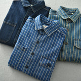 Heavy vintage washed vertical stripe denim shirt men's loose size cotton long sleeve shirt jacket