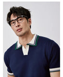 New Japanese Trendy Men Polo Shirt Light Luxury Slim-fit V Neck T-shirt Leisure Patchwork Short Sleeve Tops Retro Knitwear M-3XL