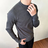 Pit Strip Design Men's Tees Long Sleeved Casual Knitting Round Collar Tops Slim Solid Color Male T-shirts Summer