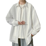 White Long Sleeved Shirt Men Fashion Black Casual Shirt Men Streetwear Korean Loose Pleated Shirt Mens Ice Silk Shirts M-3XL
