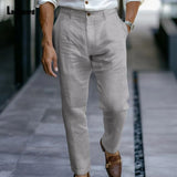 2025 Men's Stand Pocket LInen Beach Pants Solid White Trouser Plus Size Mens Casual Straight Pants Male Ankle-Length Bottoms New