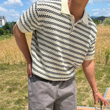 Summer Lapel Short Sleeved T-shirt Men Slim Fit Casual Striped T Shirt Men Streetwear Korean Knitted T Shirt Mens Polo Shirt