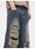 Y2K Man Jeans Korean retro hole repair jeans mens new American style high street loose straight wide leg mopping trousers