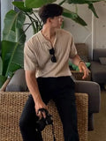 Summer Men's Ice Silk Striped Solid Color Polo Shirt V-Neck Short Sleeve Knitwear T-shirts New Luxury Casual Polos Homme