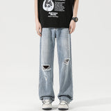 2025 Spring New Men's Ripped Jeans Baggy Straight Classic Light Blue Wide Leg Pants Elastic Waist Vintage Fashion Trousers Male