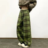 Winter Vintage Fleece Plaid Wide Leg Pants Men's Woolen Casual Thick Warm Pants Men Women Loose Straight Mopping Trousers