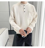Korean Popular Men's Henry Collar Sweater Light Luxury Knit Long Sleeve Button Pullover Trending Jacquarded Solid Color Knitwear