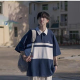 Men's Japanese Retro Polo Shirt Short Sleeved T-shirt Summer Thin Style College Style Casual Lapel Five Quarter Sleeved Top