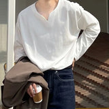 Autumn 100% Cotton V-neck Long Sleeve T-shirts Men Ins Korean Casual Solid Color Tops High-end Design Loose Bottoming Shirt Men