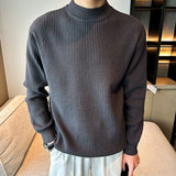 New Korean Retro Men Basic Sweaters Luxury Knit Solid Color Mock Neck Long Sleeve Pullover Casual Textured High Quality Knitwear