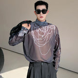 Men's T-shirt New Trendy Pearl Printing Contrast Color Stand Collar Baggy Male Long Sleeve Tops Niche Design Spring