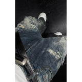 Mens Loose Fit Straight Leg Jeans Dark Blue Ripped Distressed Trendy Streetwear Fashion Casual Urban Denim Pants Hip Hop Style