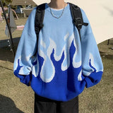 Men's Knitted Gradient Fire Round Neck Sweater High Street Couple Knitwear Autumn Winter Loose Long Sleeves Jacket Pullover Tops