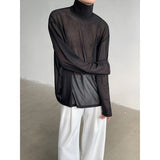 Sexy Perspective High-neck Long Sleeve T Shirt Men Women Net Yarn Bottoming Shirt Spring Summer Transparent Black Tee Shirts