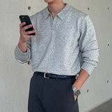 Korean Luxury Business Men Polo Sweater Loose V Neck Knit Solid Color Pullover Casual Premium Quality Long Sleeve Knitwear M-3XL