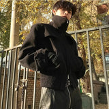 Techwear Bomber Jacket for Men Cleanfit Cropped Baseball Jacket Coats Male Zipper Shoulder Pad Turtleneck Streetwear