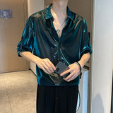 Men Shiny Design Casual Shirt Trendy Handsome Shirts Fashion Loose Half Sleeve Tops Korean Style Personality Clothing