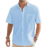 Men's Cotton Linen Short Sleeve Shirts Casual Lightweight Button Shirts Vacation Beach Summer Tops with Pocket
