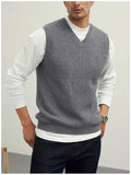 New Popular Preppy Style Men Sweater Vest Casual Knitted Streetwear Solid Color V Neck Waistcoat Leisure High Quality Knitwear