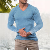 Spring Casual Mens Slim Fit V Neck T-shirts Fashion Solid Color Knitted Ribbed T Shirt Men Leisure Long Sleeve Knit Pullovers