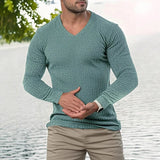 Spring Casual Mens Slim Fit V Neck T-shirts Fashion Solid Color Knitted Ribbed T Shirt Men Leisure Long Sleeve Knit Pullovers